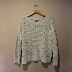 American Eagle Outfitters Pastel Blue Distressed Crewneck Waffle-Knit Sweater